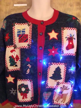 Crafty Patchwork Themed Blue Light Up Ugly Xmas Sweater