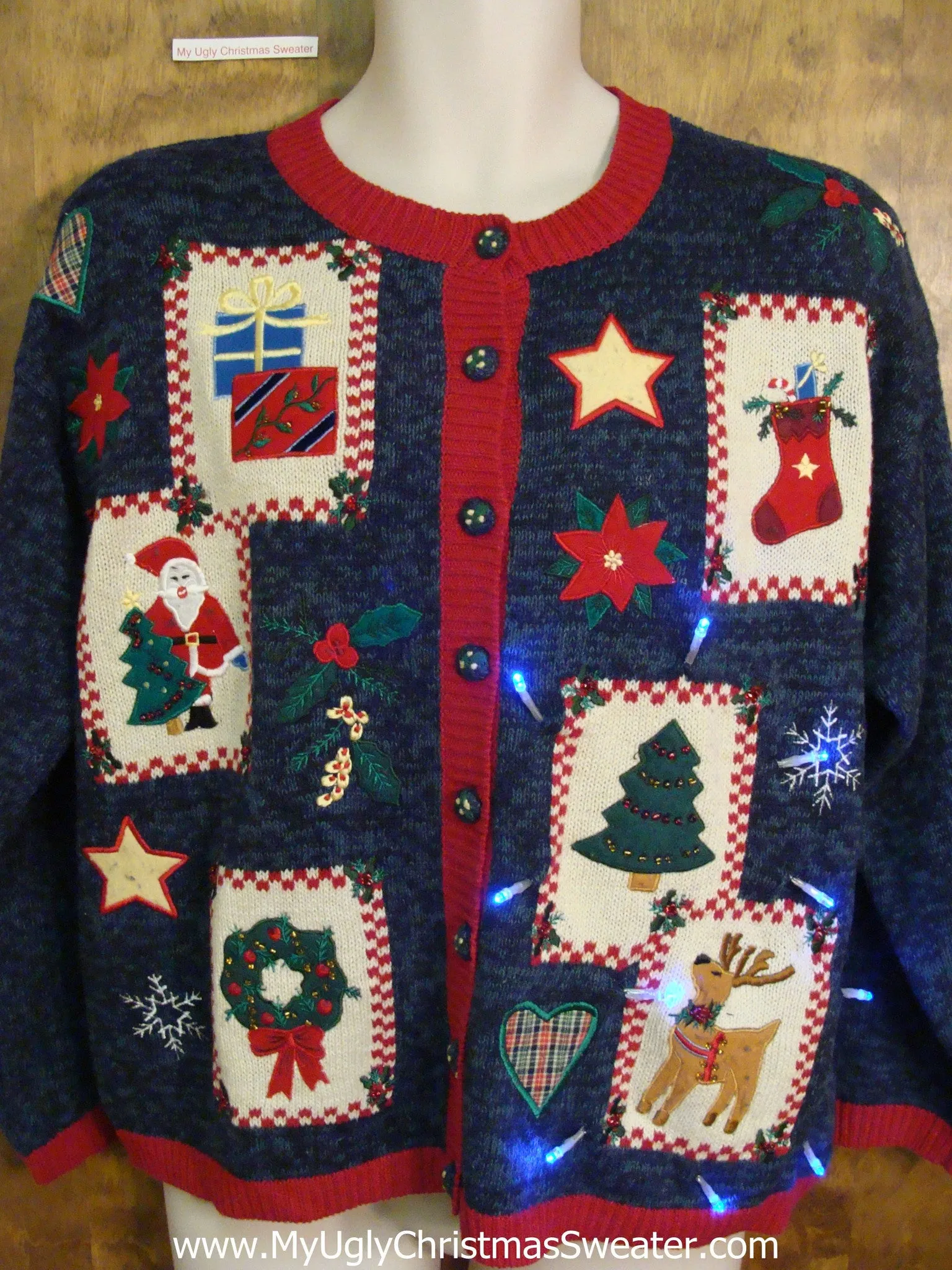 Crafty Patchwork Themed Blue Light Up Ugly Xmas Sweater