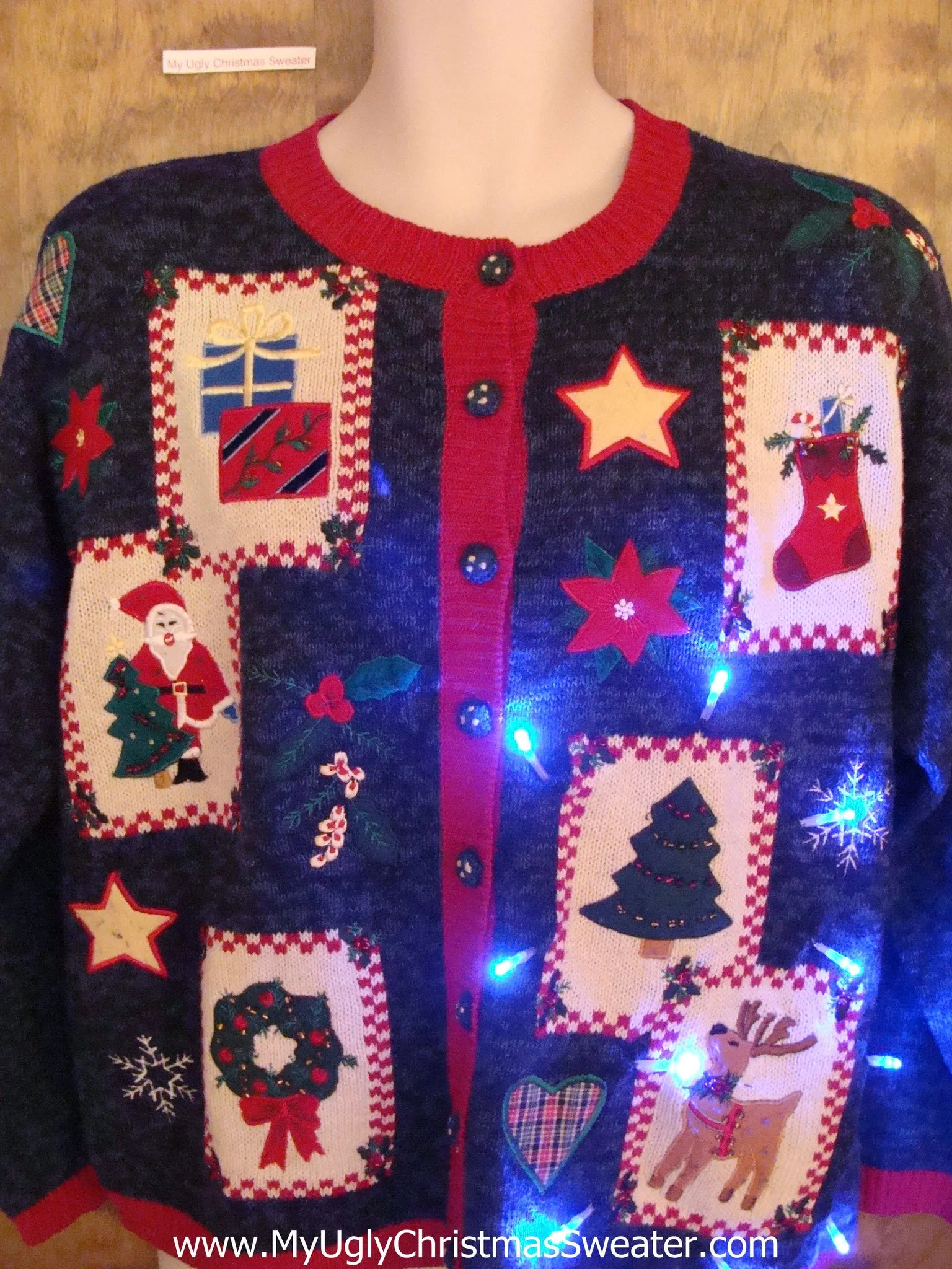 Crafty Patchwork Themed Blue Light Up Ugly Xmas Sweater