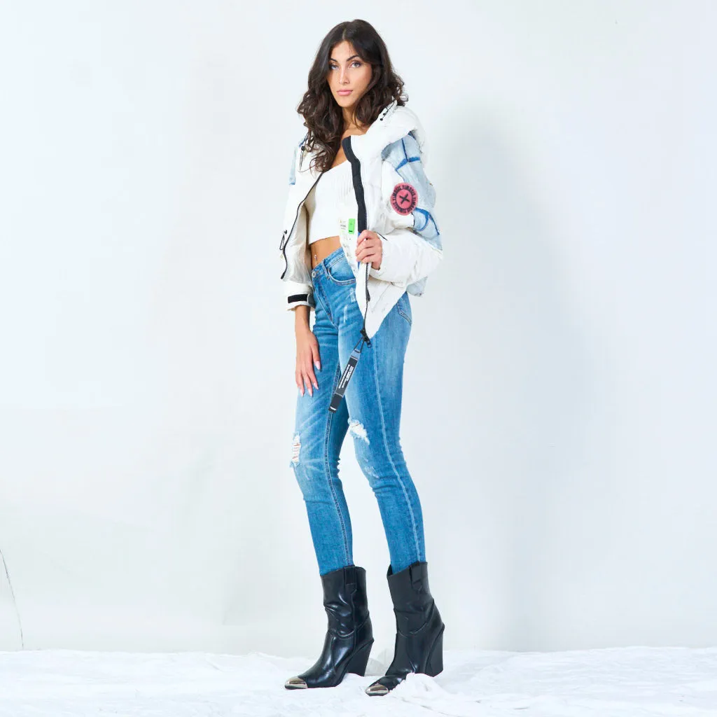 Denim-accent puffer jacket with zip details wholesale