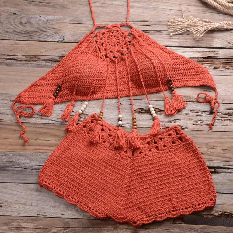 Hand-Wrapped Chest Bohemian Tassel Hollow Out Cutout Bikini Matching Hollow Out Cutout Stretch Shorts
