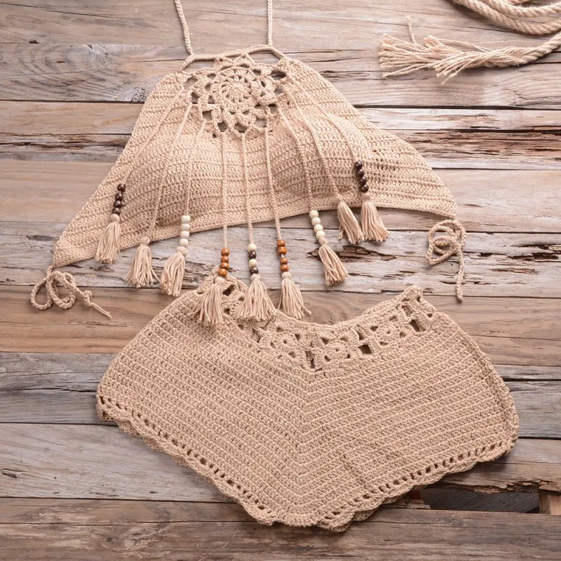 Hand-Wrapped Chest Bohemian Tassel Hollow Out Cutout Bikini Matching Hollow Out Cutout Stretch Shorts