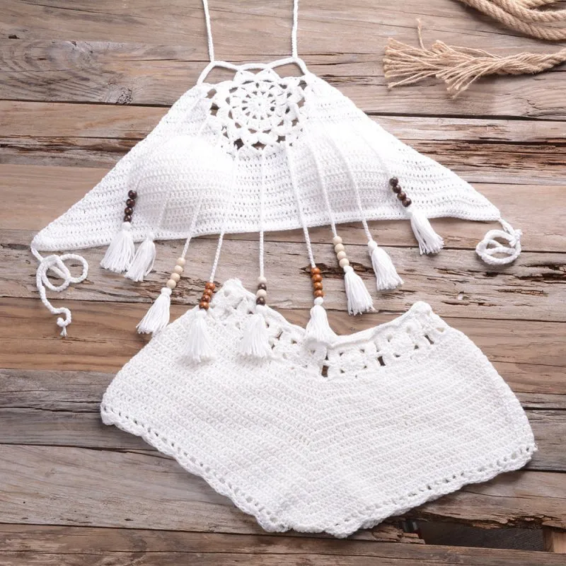 Hand-Wrapped Chest Bohemian Tassel Hollow Out Cutout Bikini Matching Hollow Out Cutout Stretch Shorts