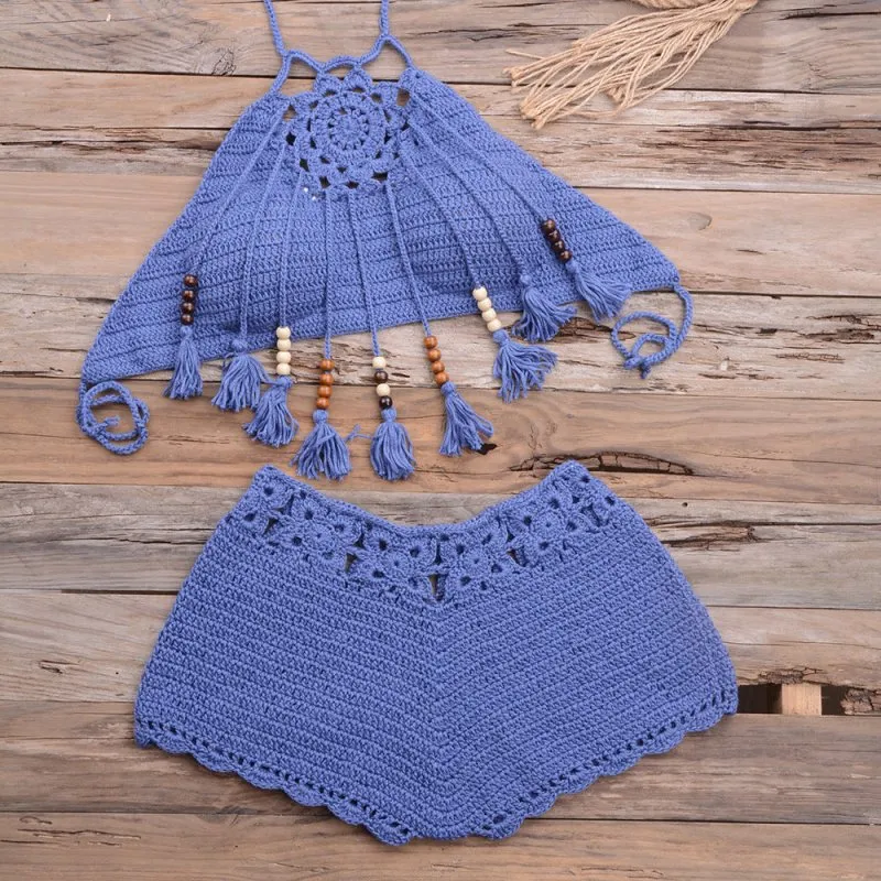 Hand-Wrapped Chest Bohemian Tassel Hollow Out Cutout Bikini Matching Hollow Out Cutout Stretch Shorts