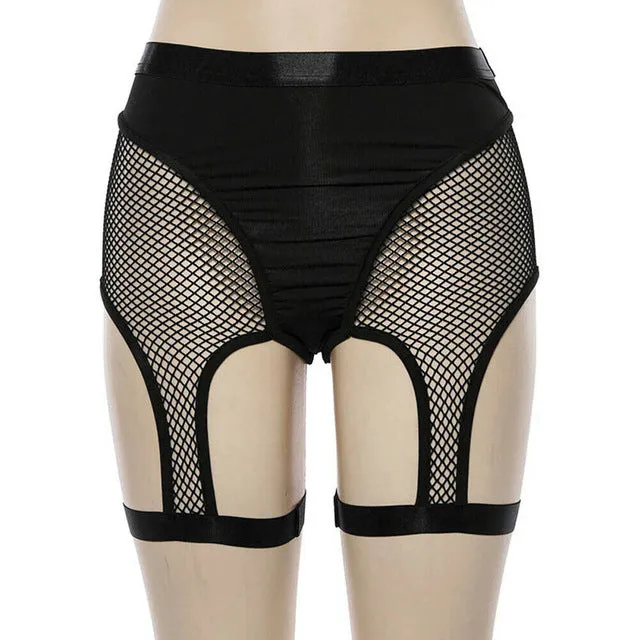 'Kiss of Death' Black High Waist Mesh Fishnet Suspender Garter Shorts