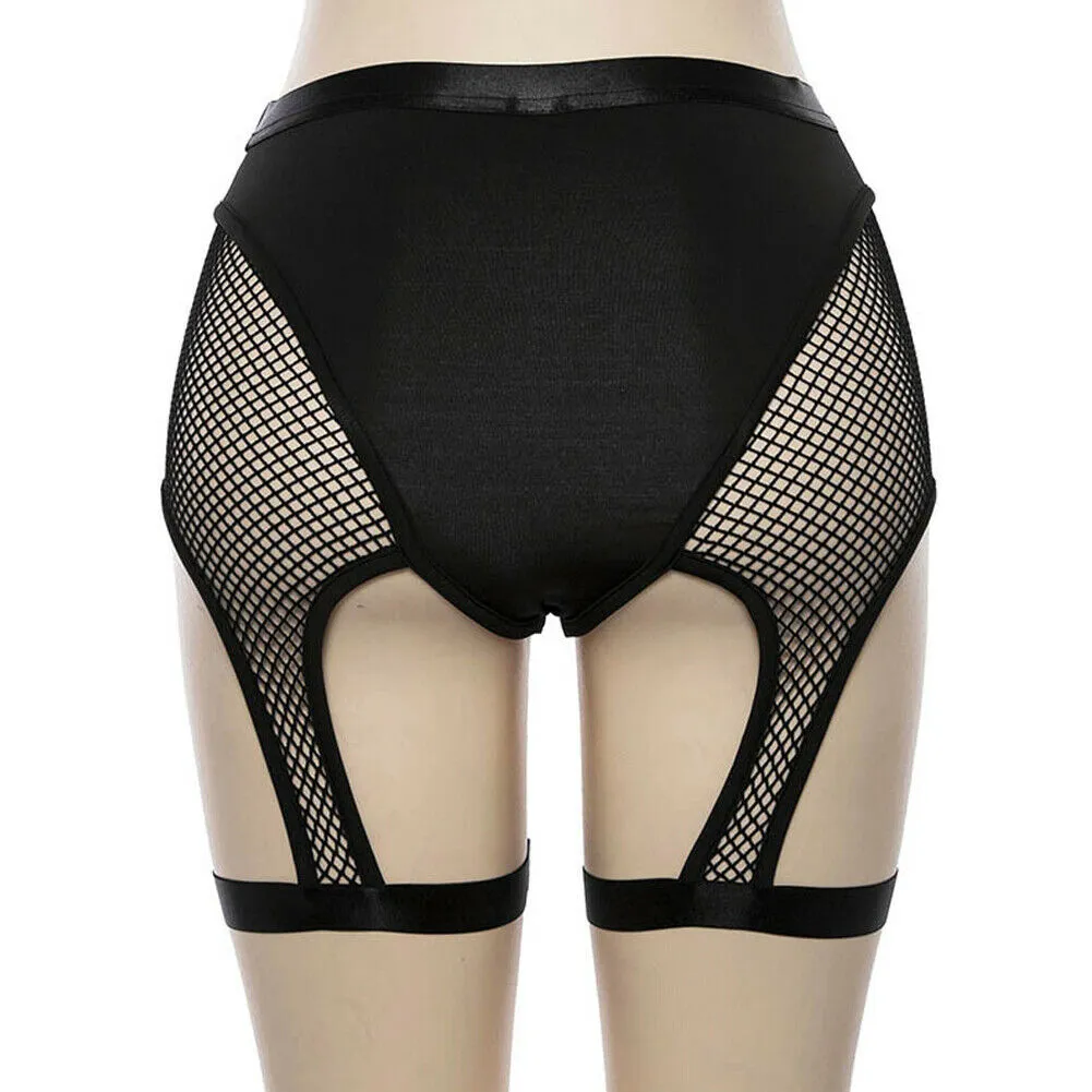 'Kiss of Death' Black High Waist Mesh Fishnet Suspender Garter Shorts