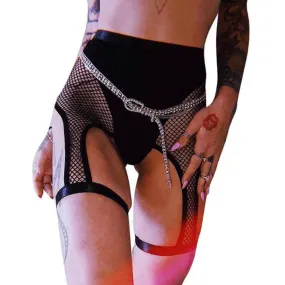 'Kiss of Death' Black High Waist Mesh Fishnet Suspender Garter Shorts