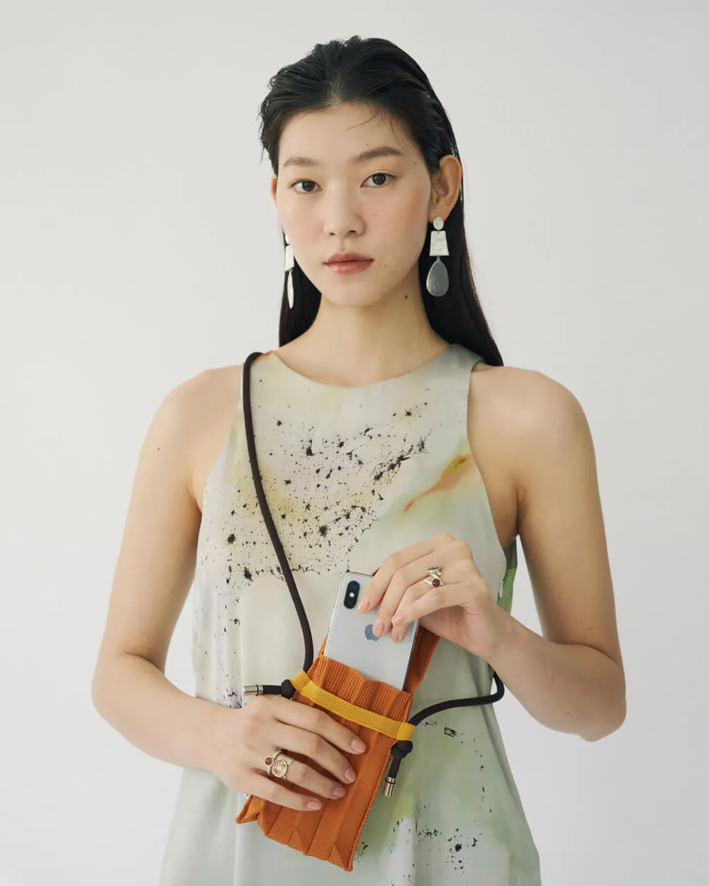 Knit Pleated Phone Bag made from Recycled Ocean Plastic - Tangerine
