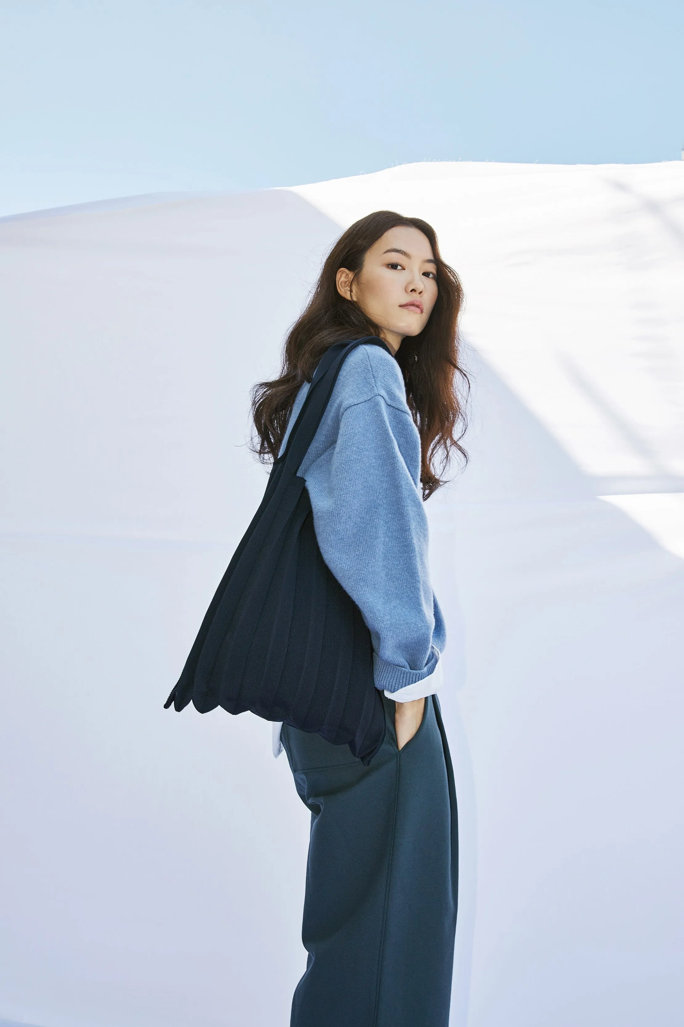 Knit Pleated Shoulder Bag made from Recycled Ocean Plastic - Charcoal