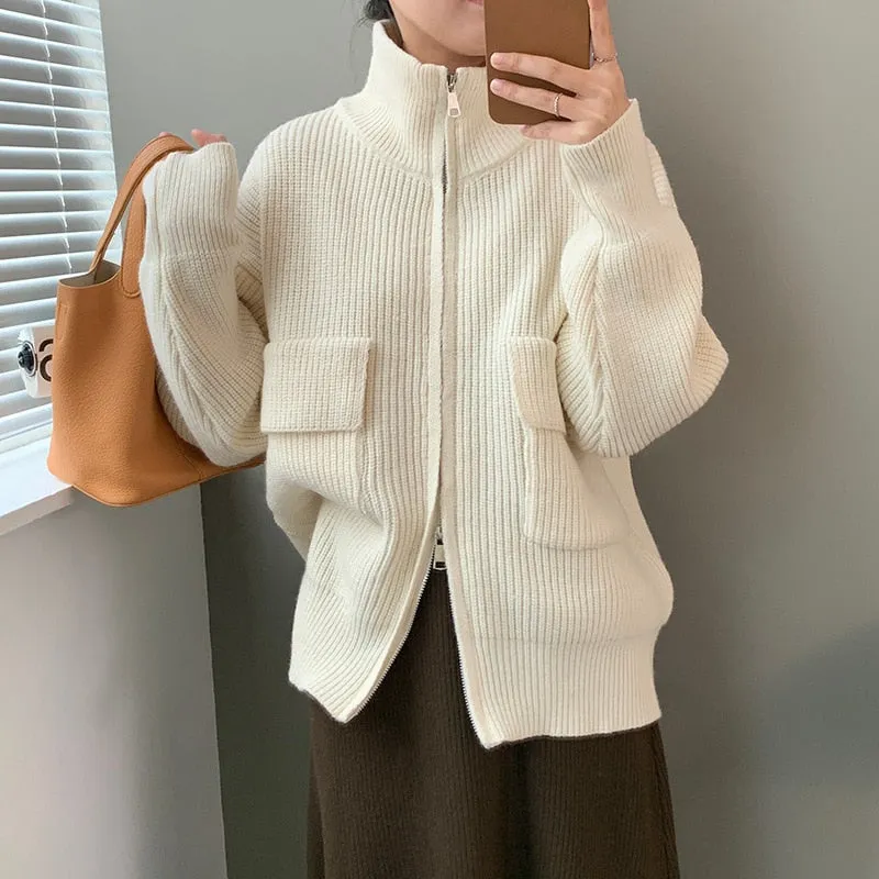 [Korean Style] 5 Colors Stand-Up Collar Zipper Turtleneck Knit Top w/ Pocket