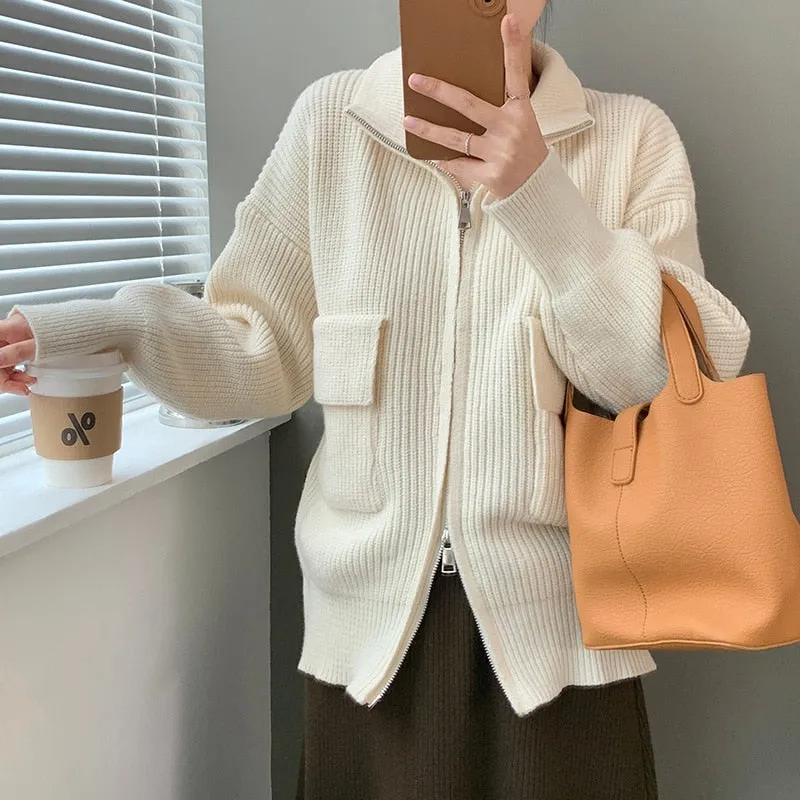 [Korean Style] 5 Colors Stand-Up Collar Zipper Turtleneck Knit Top w/ Pocket