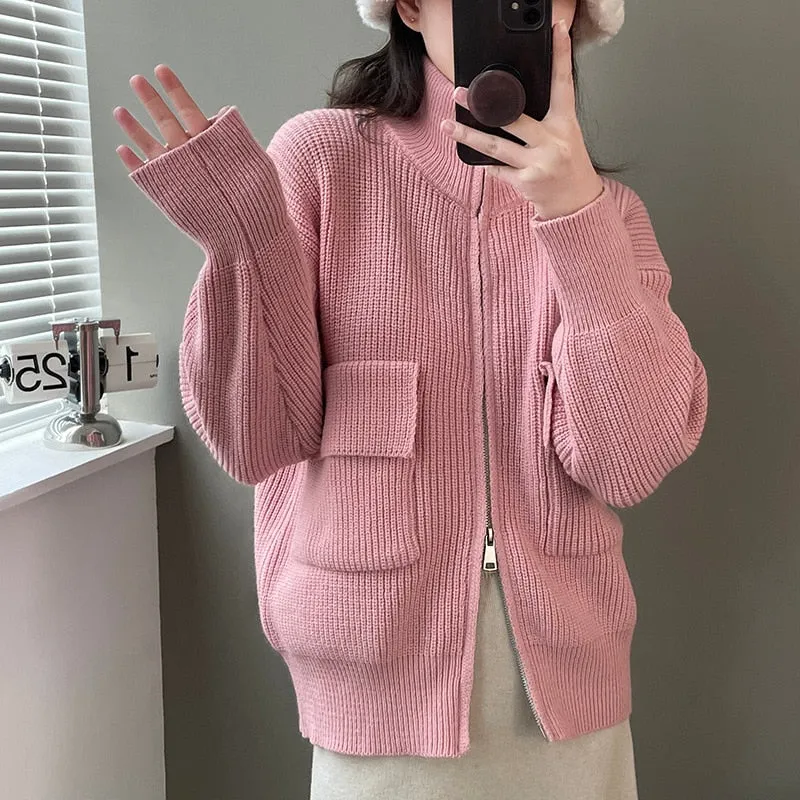 [Korean Style] 5 Colors Stand-Up Collar Zipper Turtleneck Knit Top w/ Pocket