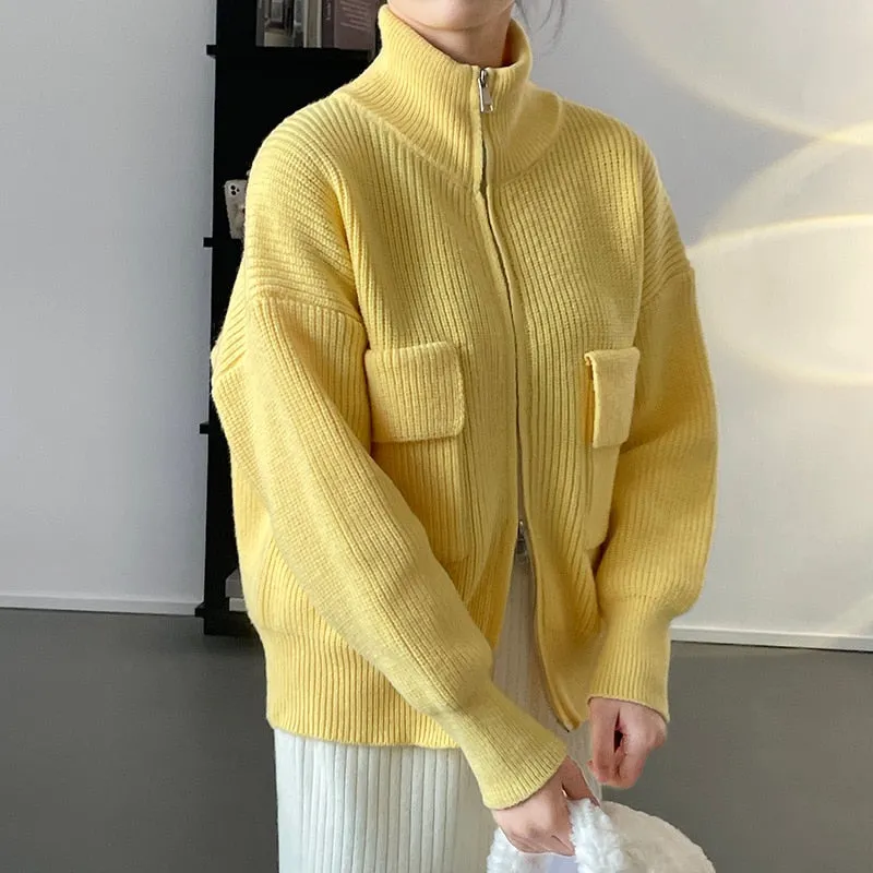[Korean Style] 5 Colors Stand-Up Collar Zipper Turtleneck Knit Top w/ Pocket