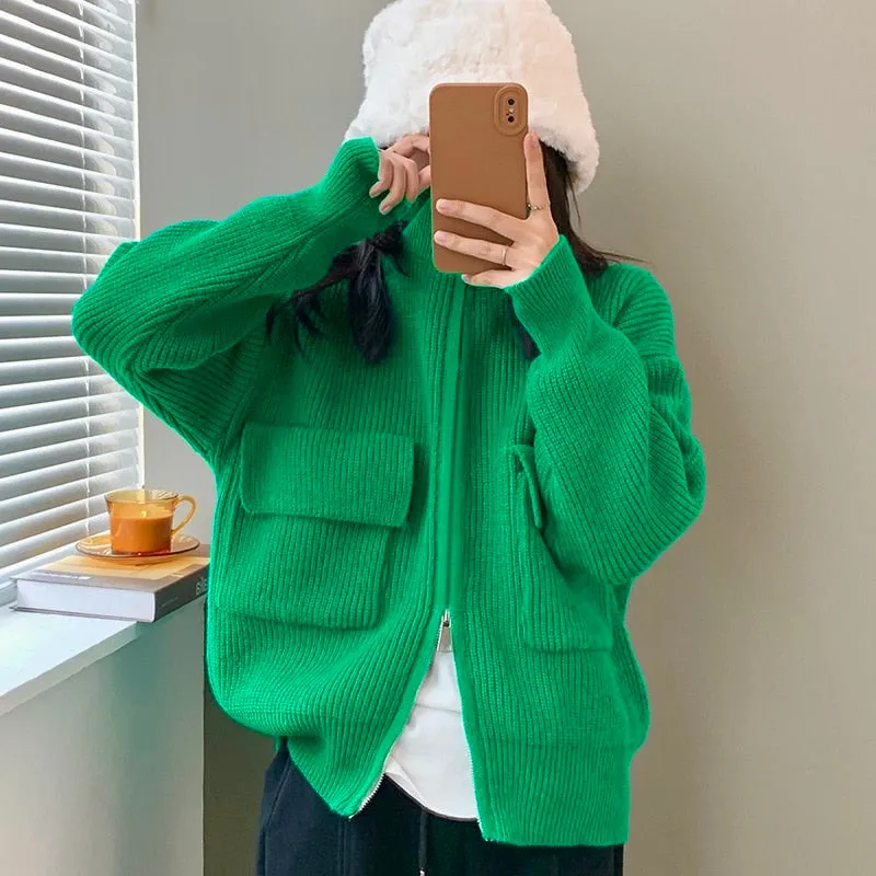 [Korean Style] 5 Colors Stand-Up Collar Zipper Turtleneck Knit Top w/ Pocket
