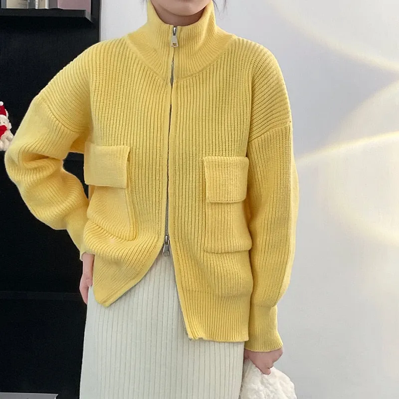 [Korean Style] 5 Colors Stand-Up Collar Zipper Turtleneck Knit Top w/ Pocket