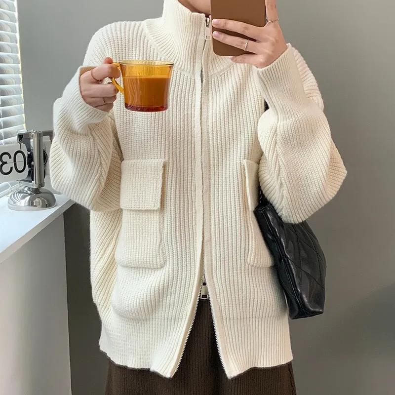 [Korean Style] 5 Colors Stand-Up Collar Zipper Turtleneck Knit Top w/ Pocket