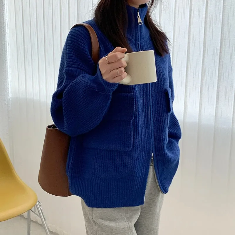 [Korean Style] 5 Colors Stand-Up Collar Zipper Turtleneck Knit Top w/ Pocket
