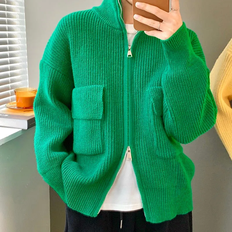 [Korean Style] 5 Colors Stand-Up Collar Zipper Turtleneck Knit Top w/ Pocket