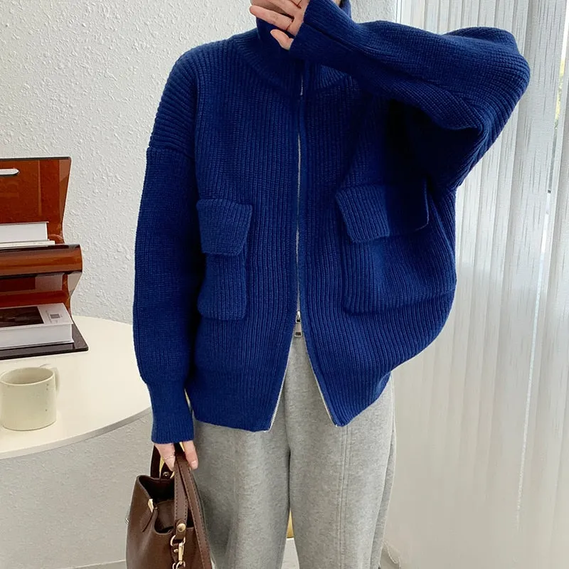 [Korean Style] 5 Colors Stand-Up Collar Zipper Turtleneck Knit Top w/ Pocket