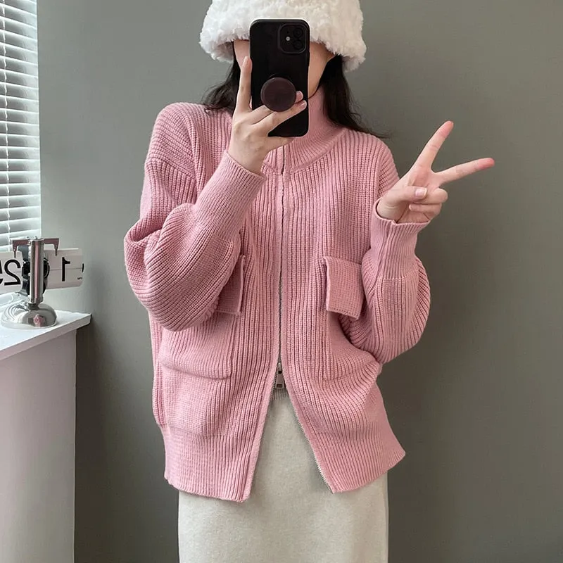 [Korean Style] 5 Colors Stand-Up Collar Zipper Turtleneck Knit Top w/ Pocket