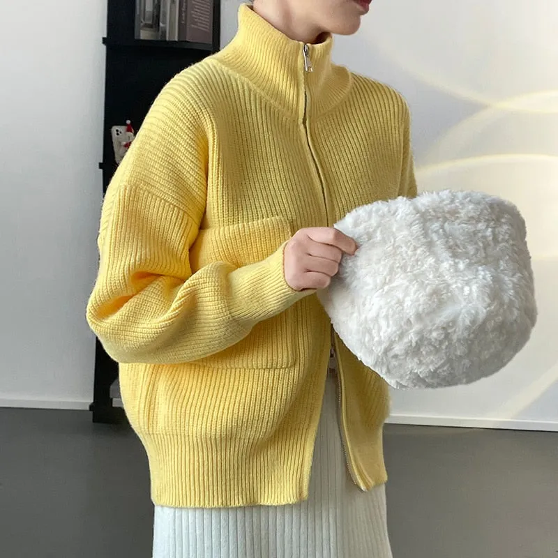 [Korean Style] 5 Colors Stand-Up Collar Zipper Turtleneck Knit Top w/ Pocket
