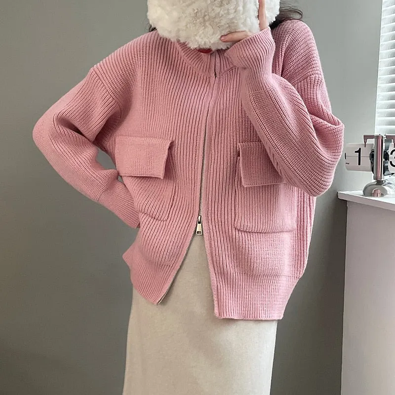 [Korean Style] 5 Colors Stand-Up Collar Zipper Turtleneck Knit Top w/ Pocket