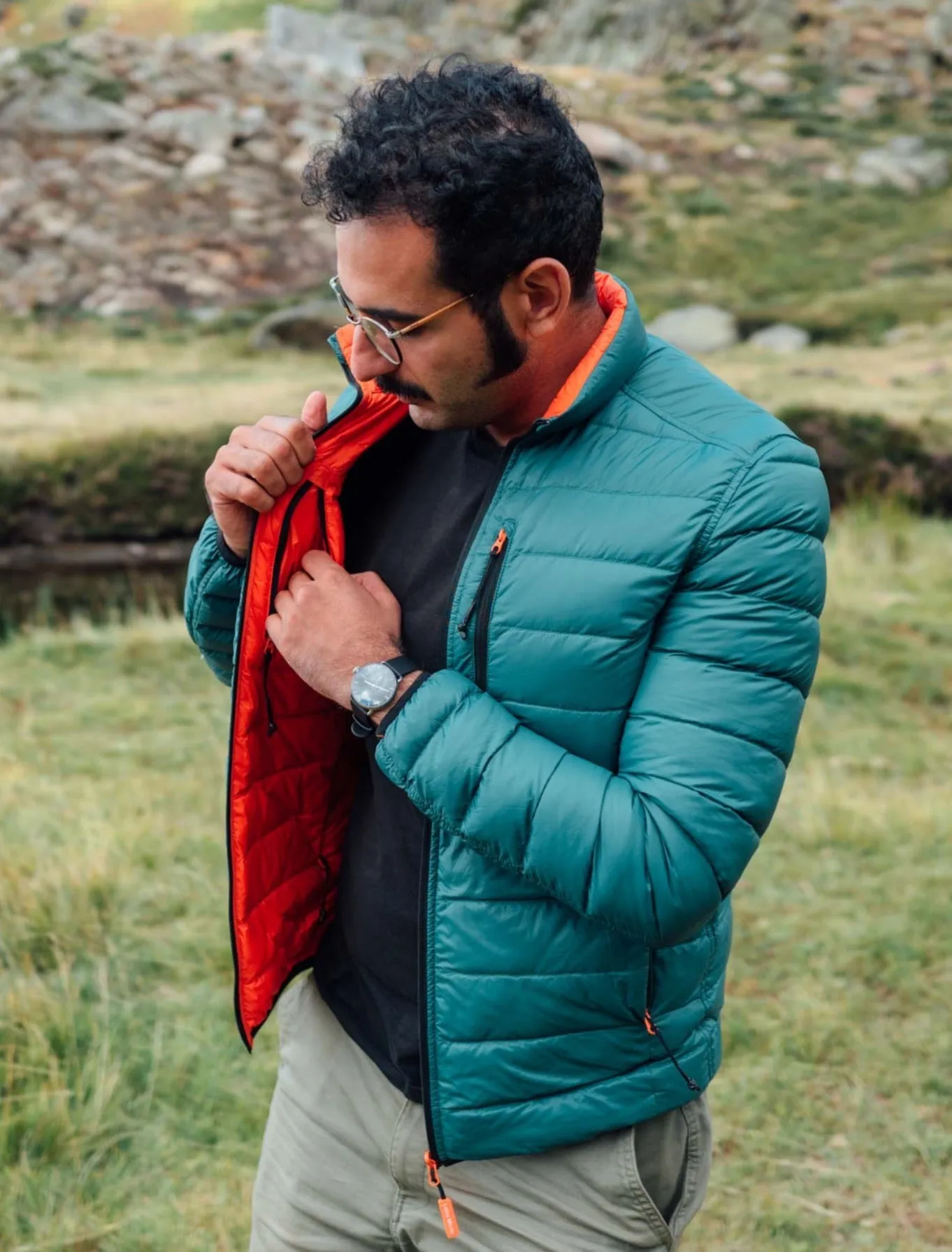 Men's Reversible Recycled Puffer Jacket, Green & Orange