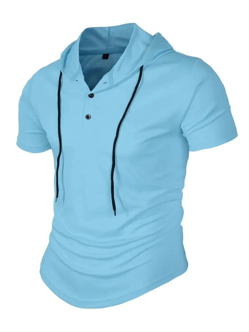 Men's Short Sleeve Henley Top - Stylish Hooded, Solid Color, Classic Neck, Casual and Chic Design - L