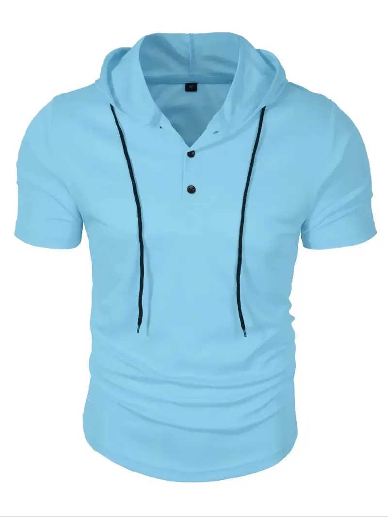 Men's Short Sleeve Henley Top - Stylish Hooded, Solid Color, Classic Neck, Casual and Chic Design - L