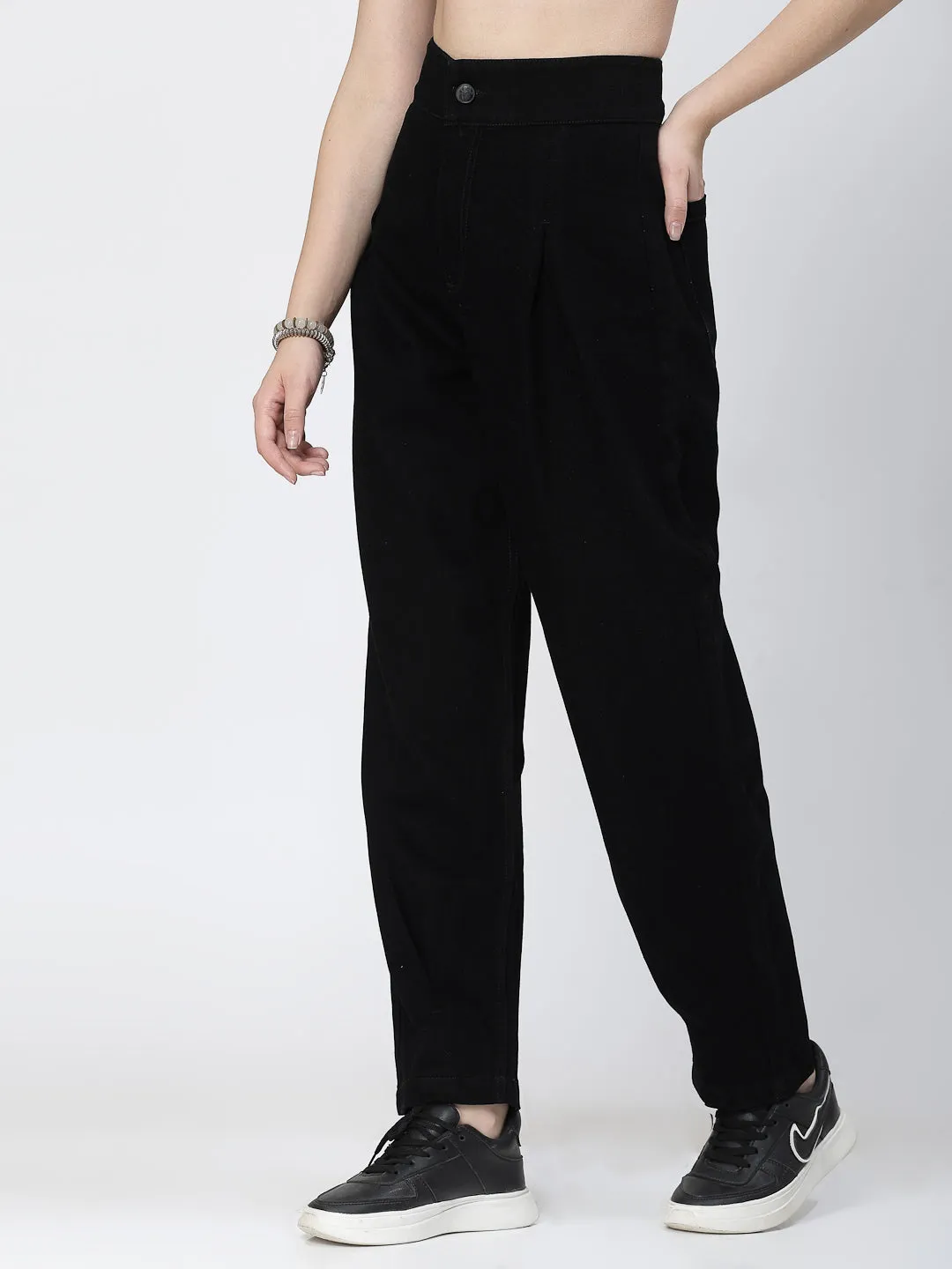 Mom Fit Black Cotton Denim Jeans For Women