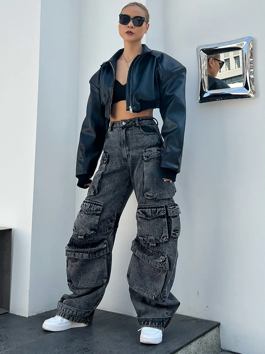 Old stitching multi-pocket smoke gray loose jeans