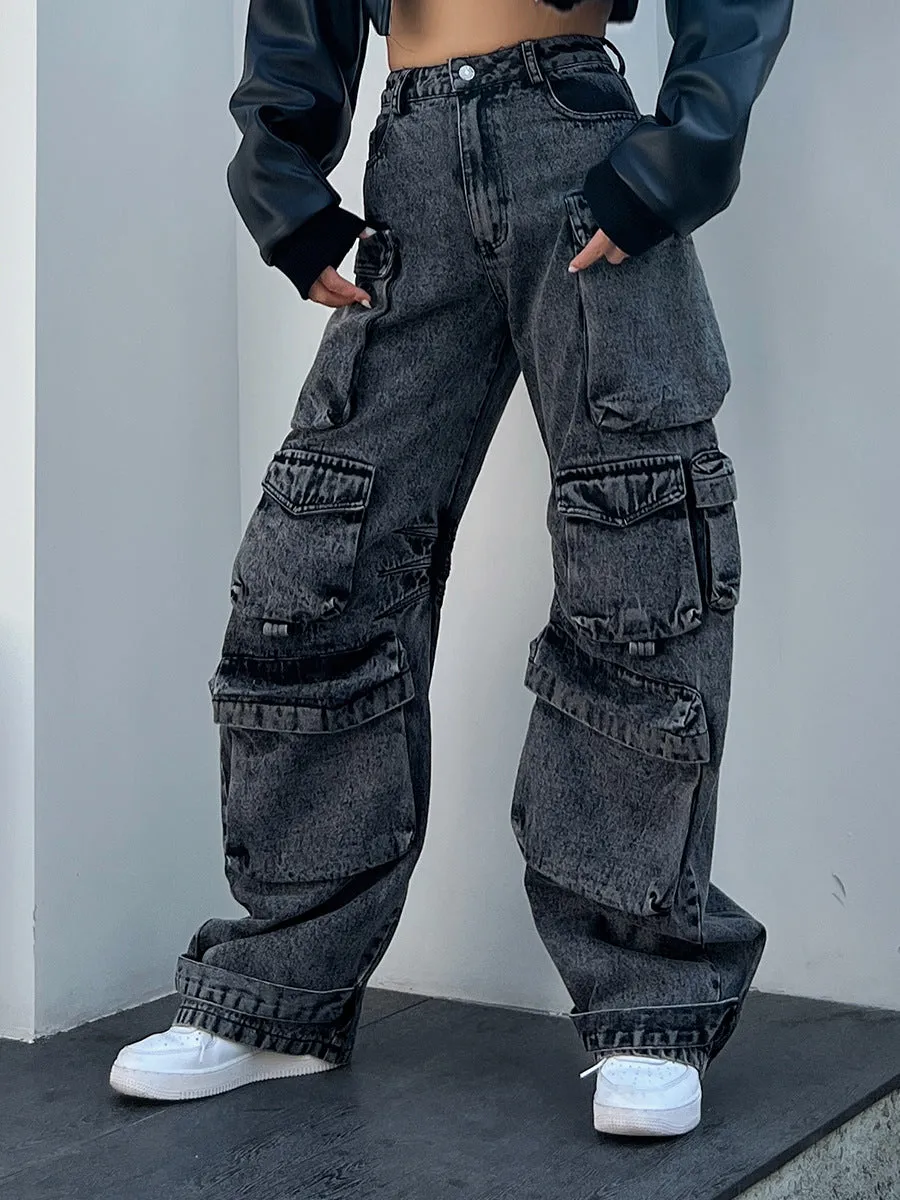 Old stitching multi-pocket smoke gray loose jeans