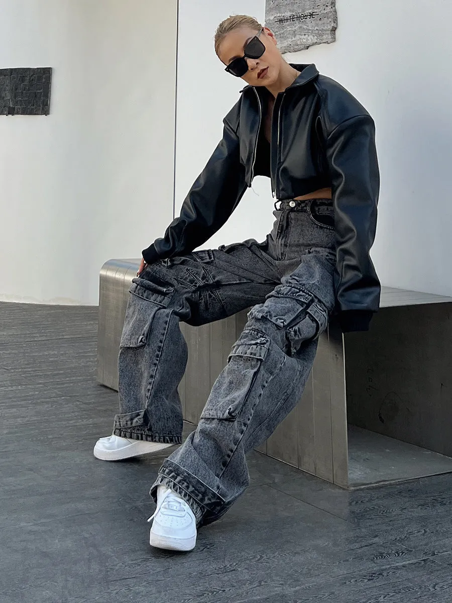 Old stitching multi-pocket smoke gray loose jeans