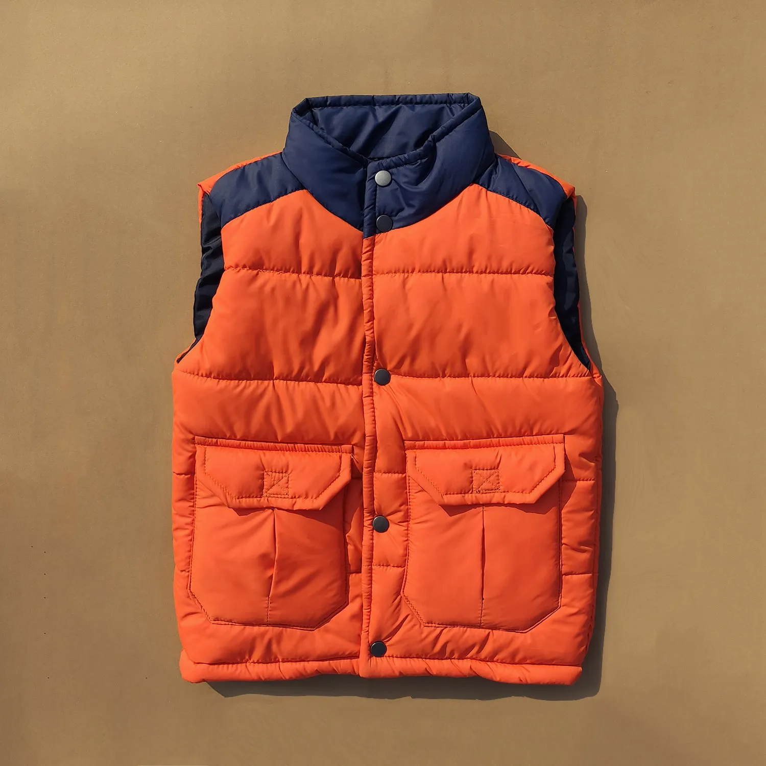 Orange & Navy Sleeveless Puffer Jacket