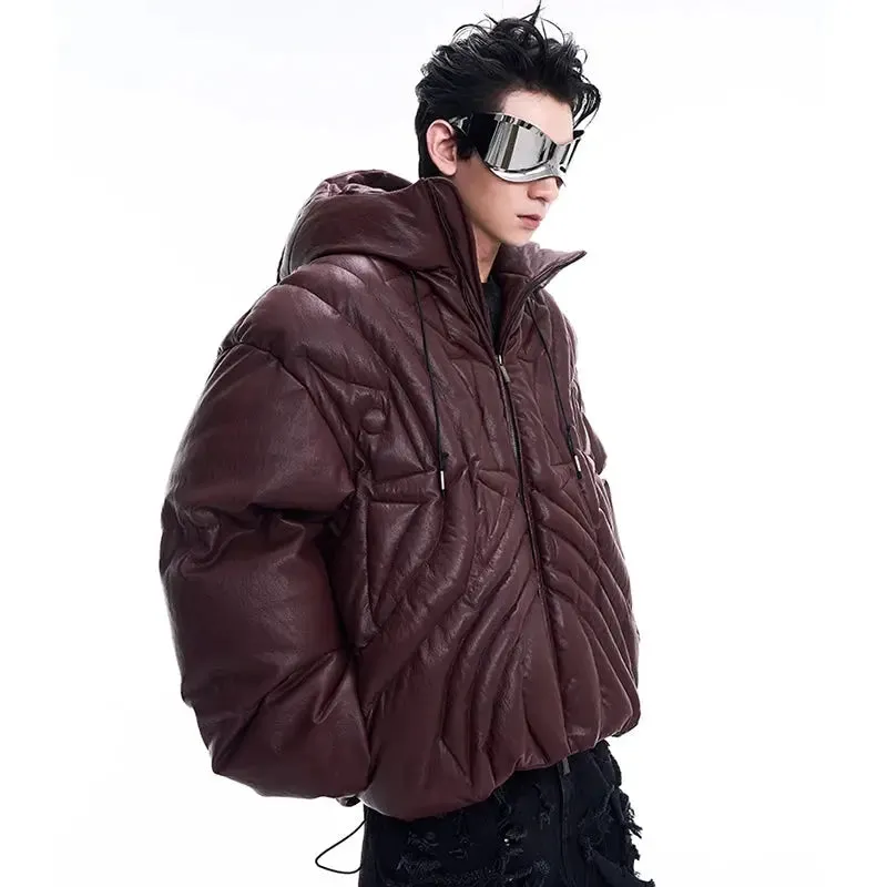 Oversized Matte Hooded Leather Puffer Jacket