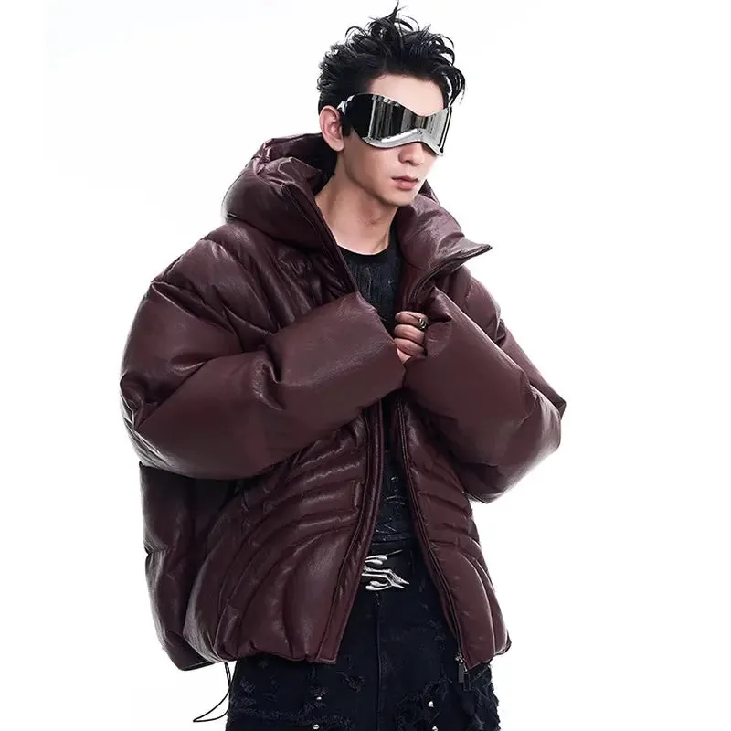Oversized Matte Hooded Leather Puffer Jacket