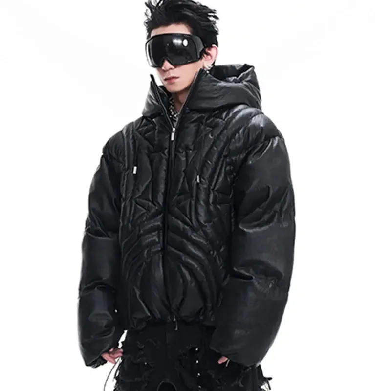 Oversized Matte Hooded Leather Puffer Jacket