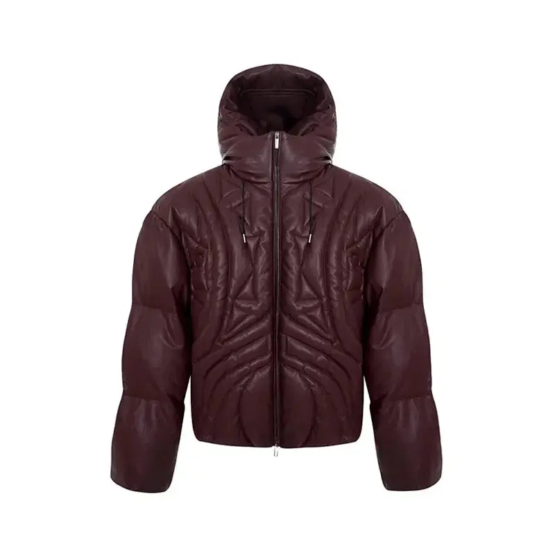 Oversized Matte Hooded Leather Puffer Jacket