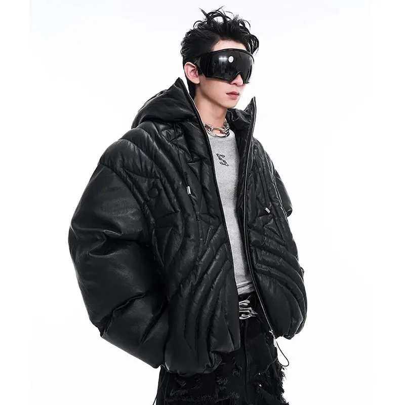 Oversized Matte Hooded Leather Puffer Jacket