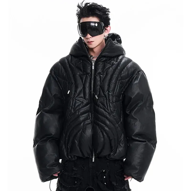Oversized Matte Hooded Leather Puffer Jacket