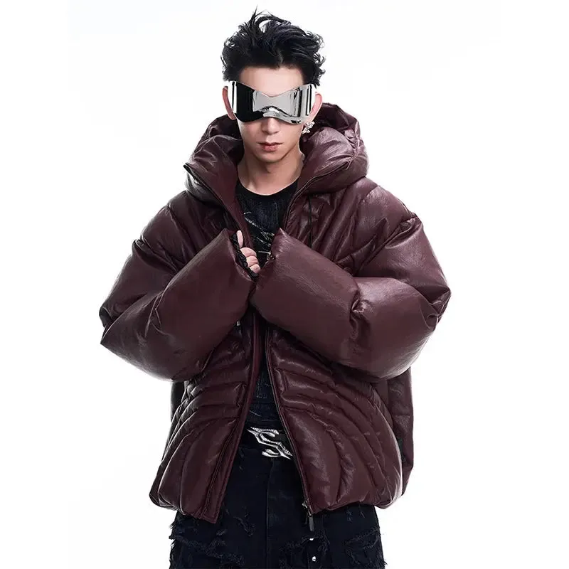 Oversized Matte Hooded Leather Puffer Jacket