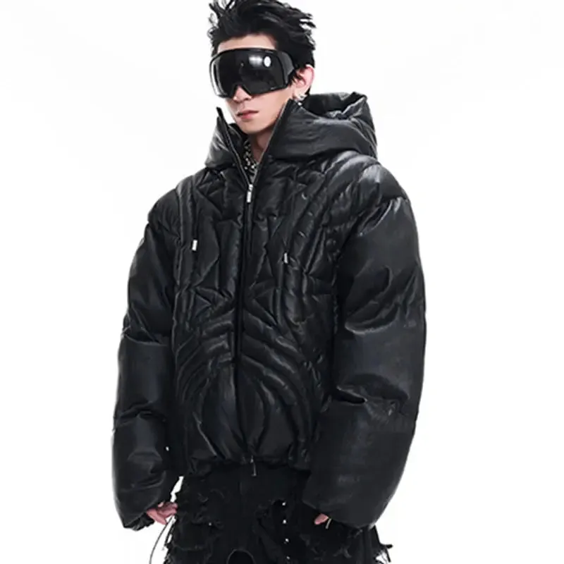 Oversized Matte Hooded Leather Puffer Jacket