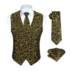 Paisley Floral 3pc Suit Vest Set - GOLD/BLACK