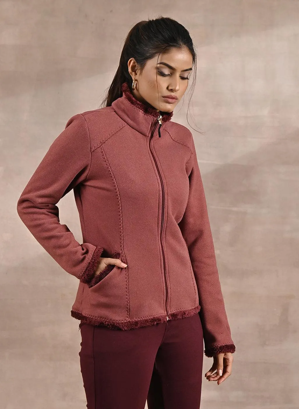 Pink High-neck Long Sleeve Sherpa Fur Jacket
