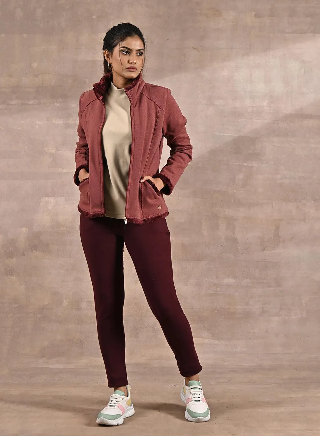 Pink High-neck Long Sleeve Sherpa Fur Jacket