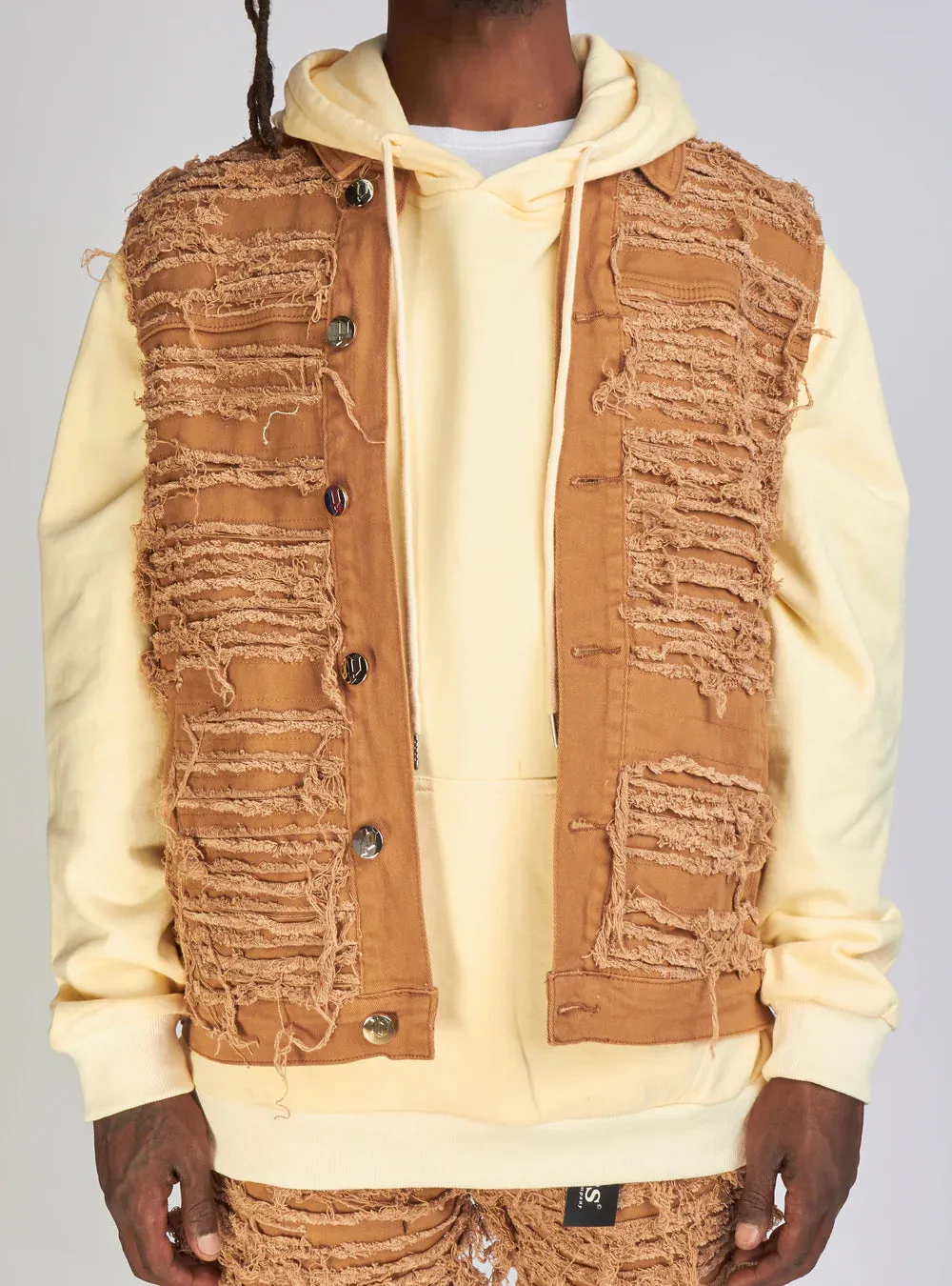 Politics - Debris494 Thrashed Distressed Denim Vest - Dark Khaki