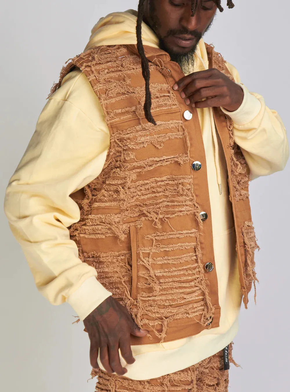 Politics - Debris494 Thrashed Distressed Denim Vest - Dark Khaki