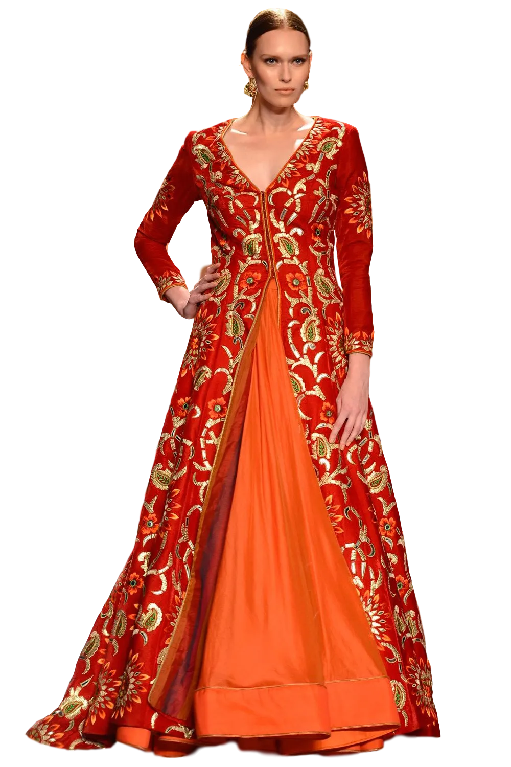 Red and orange color Jacket lehenga in velvet