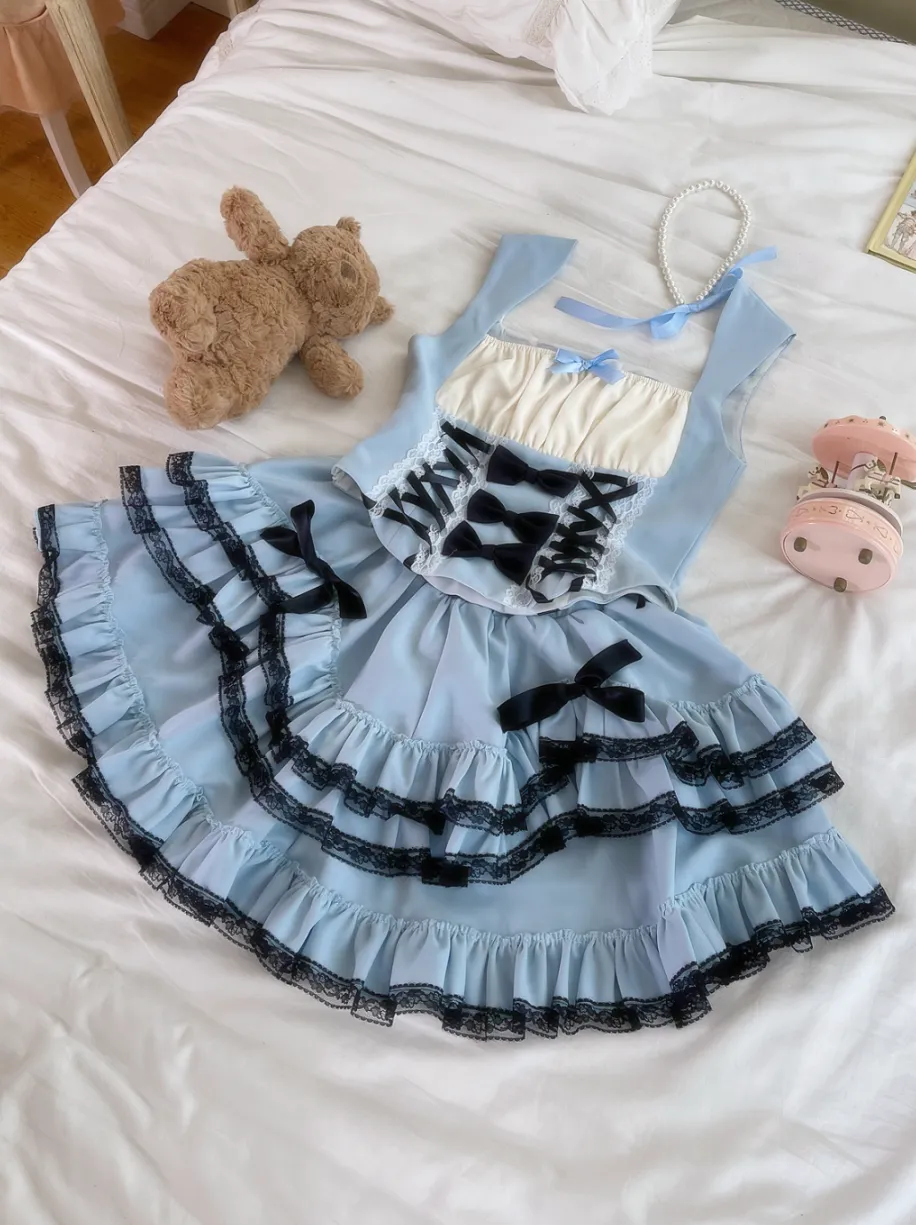 Skirt Subculture Lace Up Cake Top Strap Princess Set   Vest