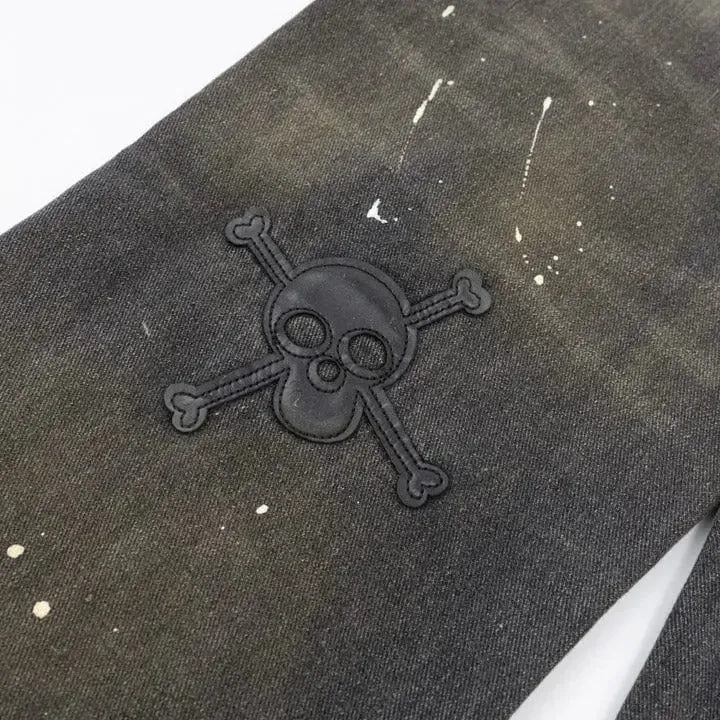 Sneakerhill® Black Skinny Jeans Skull Patch